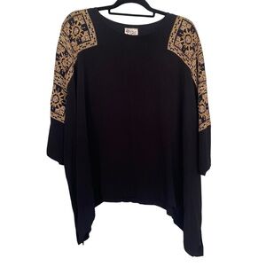 Stella Forest Womens Black Embroidered Blouse Shark Bite Hem Poncho EU Size 36